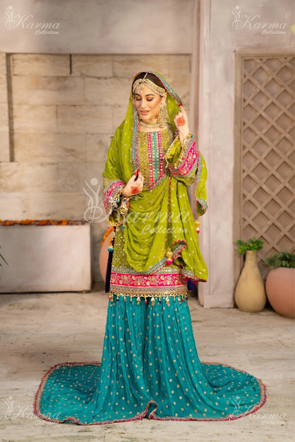 Olive Yellow & Blue | Chiffon Sharara | 3 Pc | Wedding Wear | Karma Collection