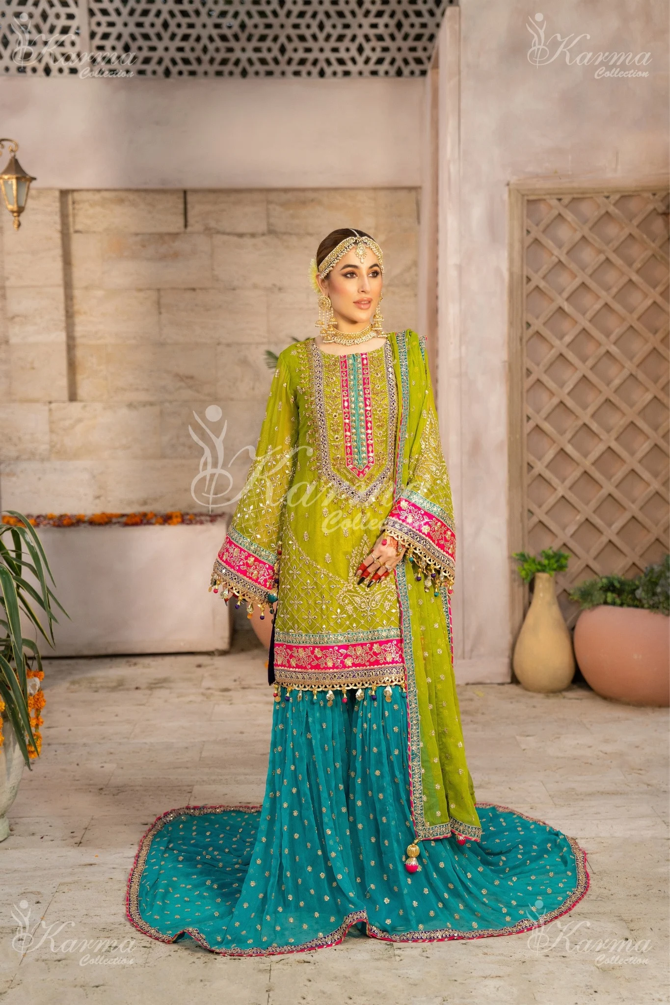 Olive Yellow & Blue | Chiffon Sharara | 3 Pc | Wedding Wear | Karma Collection