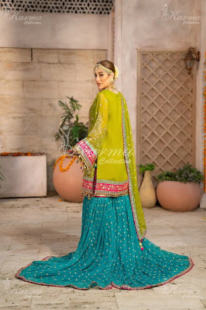 Olive Yellow & Blue | Chiffon Sharara | 3 Pc | Wedding Wear | Karma Collection