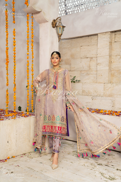 (Thistle Purple) 3 Pc Embroidered Masoori Cotton Net Salwar Kameez | Party Wear Dress |by Karma Collection