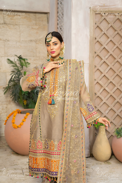 (Fawn) 3 Pc Embroidered Masoori Cotton Net Salwar Kameez | Party Wear Dress |by Karma Collection