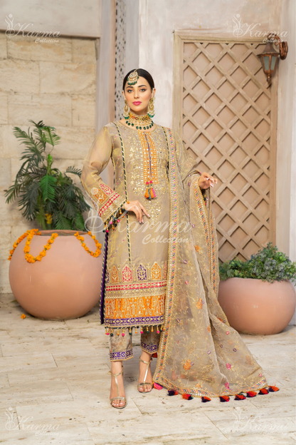 (Fawn) 3 Pc Embroidered Masoori Cotton Net Salwar Kameez | Party Wear Dress |by Karma Collection