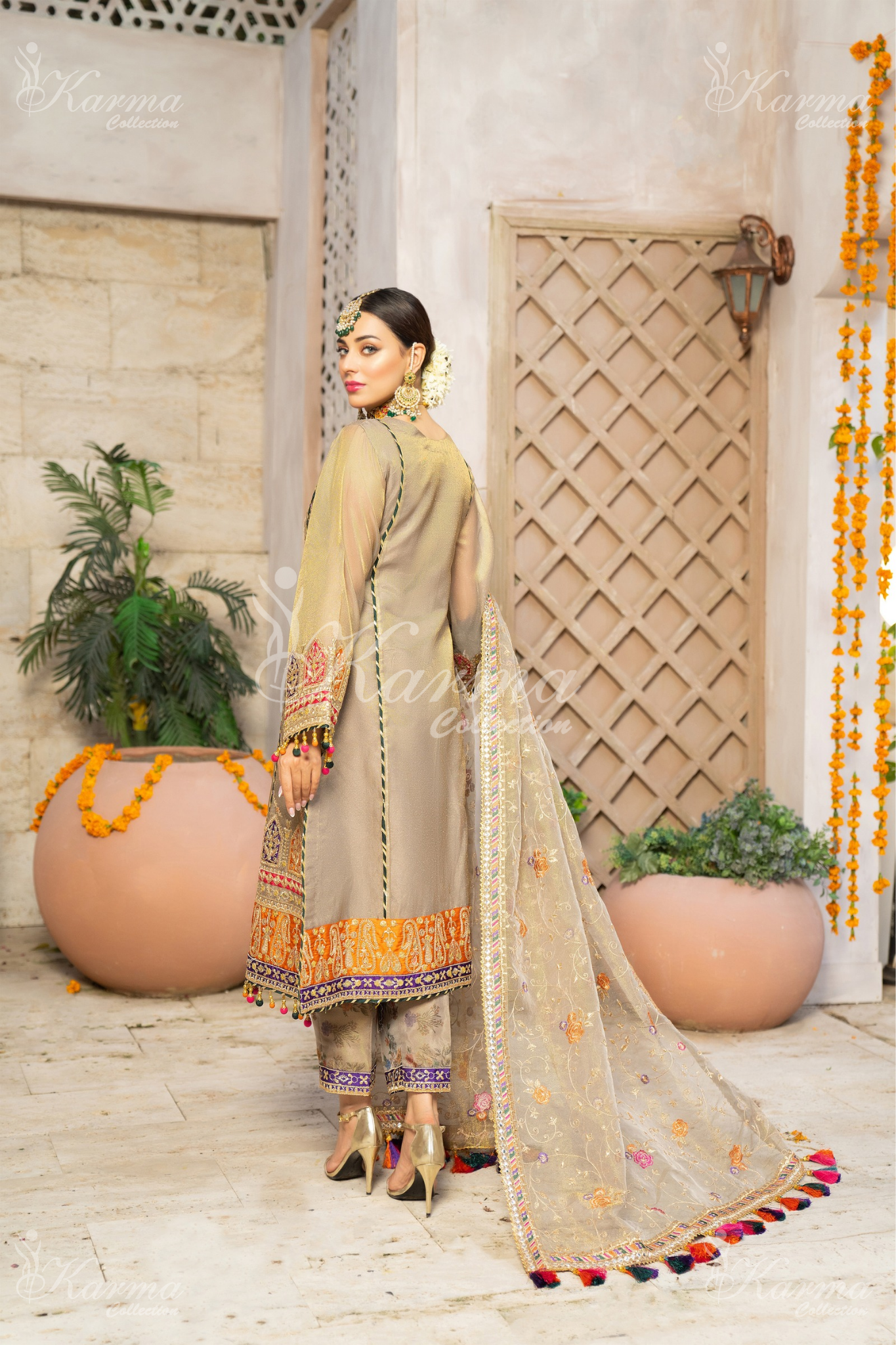 (Fawn) 3 Pc Embroidered Masoori Cotton Net Salwar Kameez | Party Wear Dress |by Karma Collection