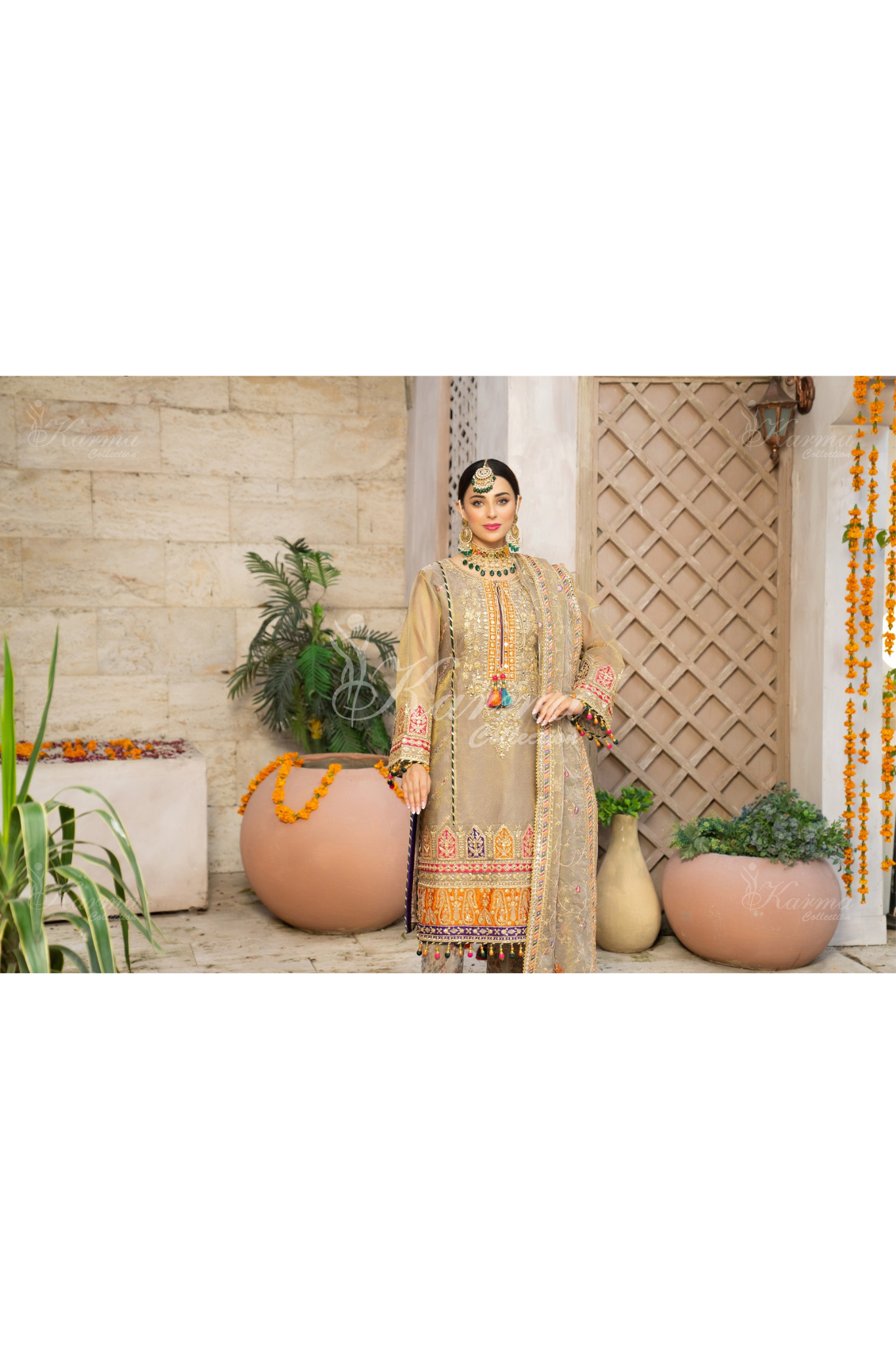 (Fawn) 3 Pc Embroidered Masoori Cotton Net Salwar Kameez | Party Wear Dress |by Karma Collection