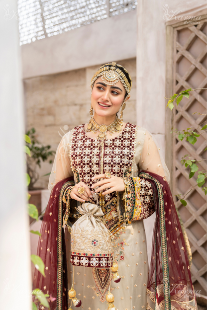 Beige & Maroon | Embroidered Net 3 Pc Suit | Wedding Wear | Karma Collection