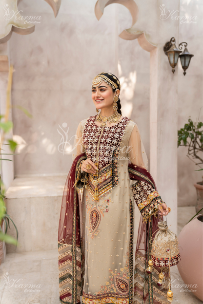 Beige & Maroon | Embroidered Net 3 Pc Suit | Wedding Wear | Karma Collection