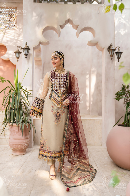 Beige & Maroon | Embroidered Net 3 Pc Suit | Wedding Wear | Karma Collection