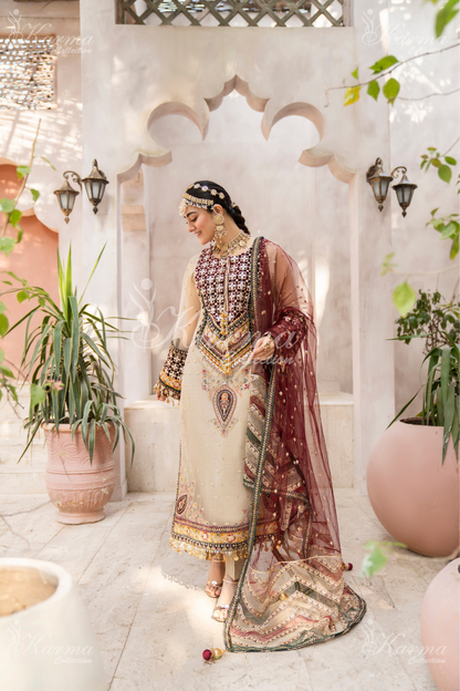 Beige & Maroon | Embroidered Net 3 Pc Suit | Wedding Wear | Karma Collection