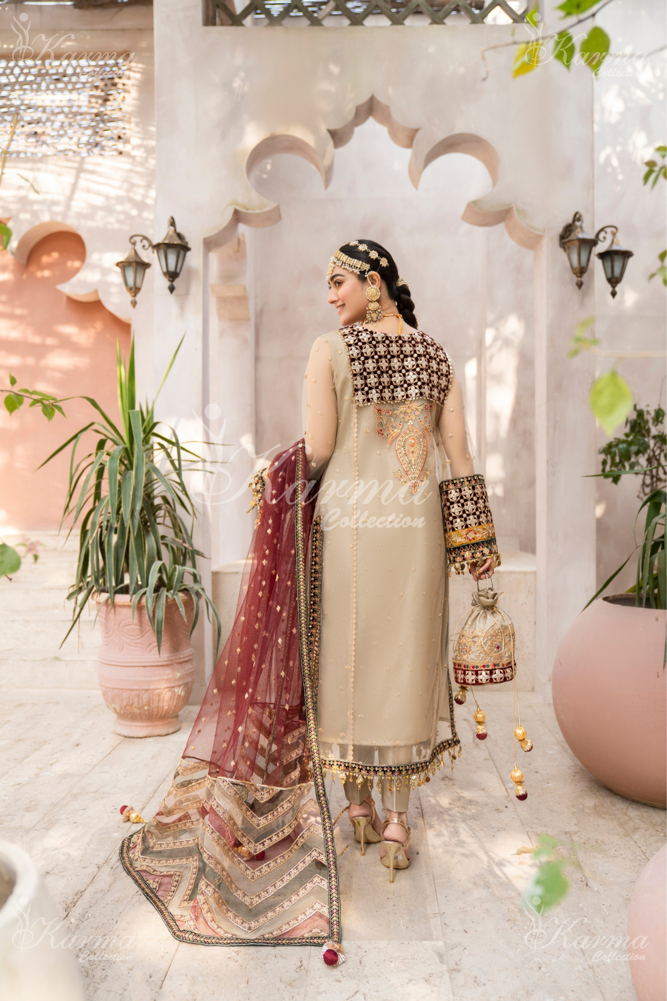 Beige & Maroon | Embroidered Net 3 Pc Suit | Wedding Wear | Karma Collection