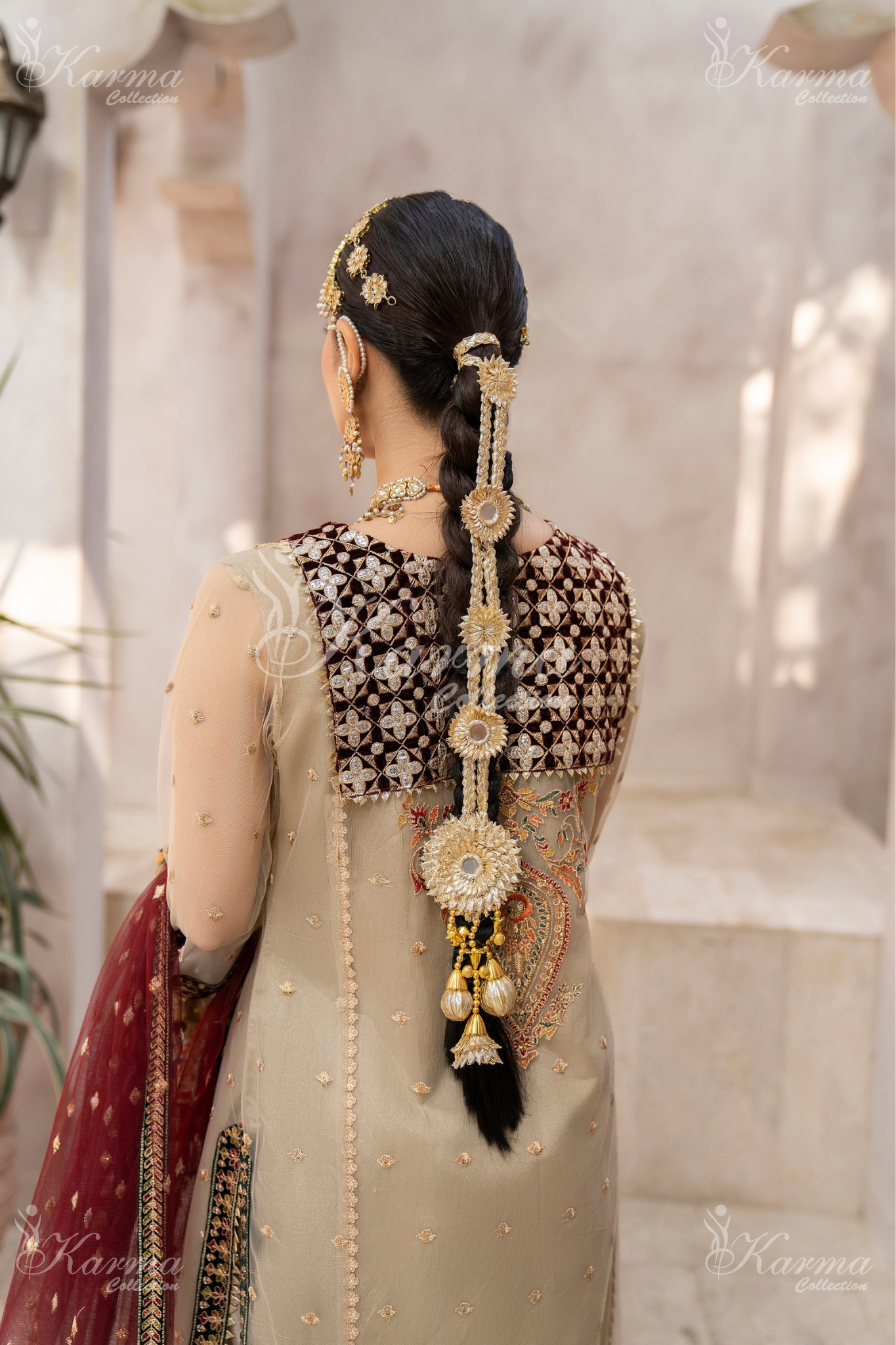 Beige & Maroon | Embroidered Net 3 Pc Suit | Wedding Wear | Karma Collection