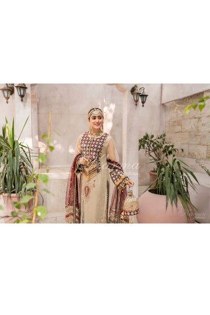 Beige & Maroon | Embroidered Net 3 Pc Suit | Wedding Wear | Karma Collection