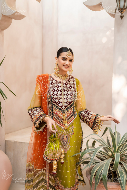 Olive Yellow & Orange | Embroidered Net 3 Pc Suit | Wedding Wear | Karma Collection