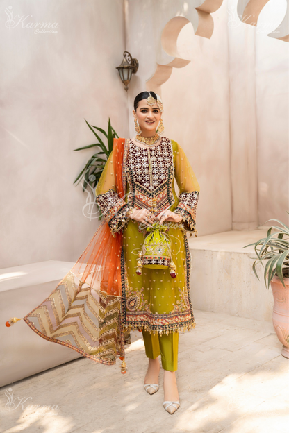 Olive Yellow & Orange | Embroidered Net 3 Pc Suit | Wedding Wear | Karma Collection