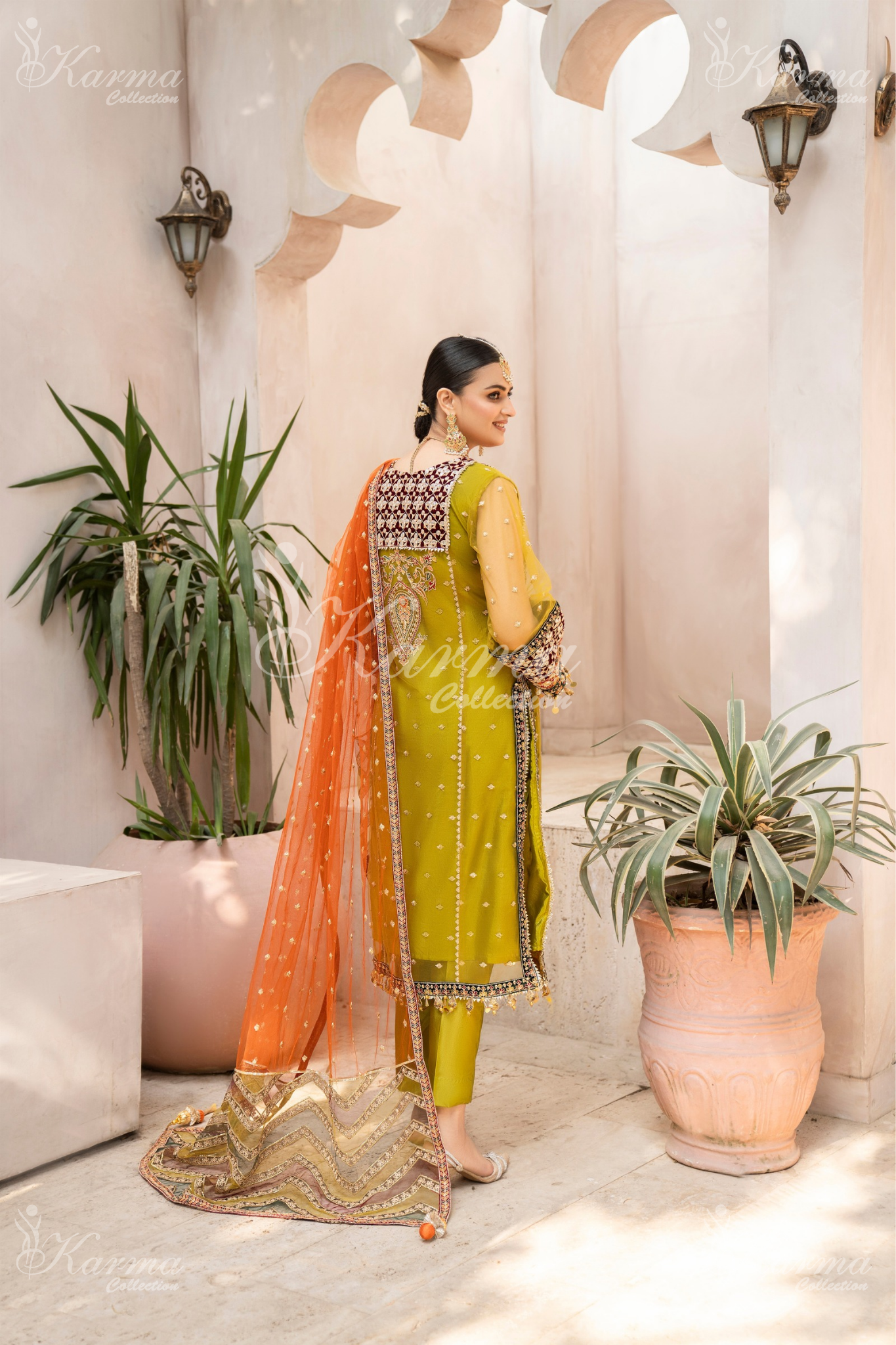 Olive Yellow & Orange | Embroidered Net 3 Pc Suit | Wedding Wear | Karma Collection