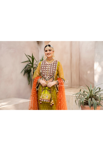 Olive Yellow & Orange | Embroidered Net 3 Pc Suit | Wedding Wear | Karma Collection