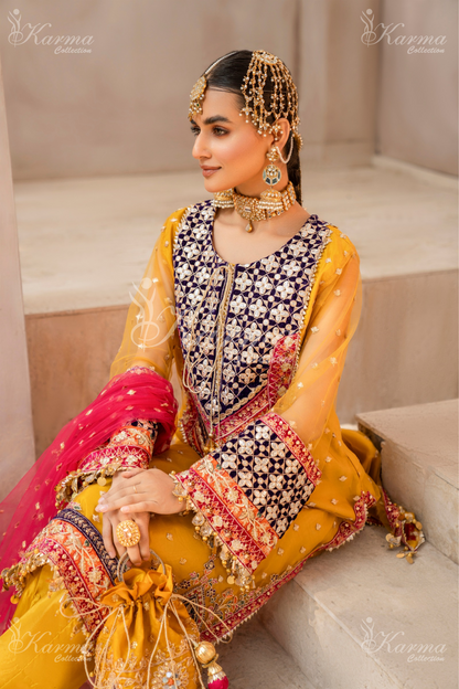 Bee Yellow & Hot Pink | Embroidered Net 3 Pc Suit | Wedding Wear | Karma Collection