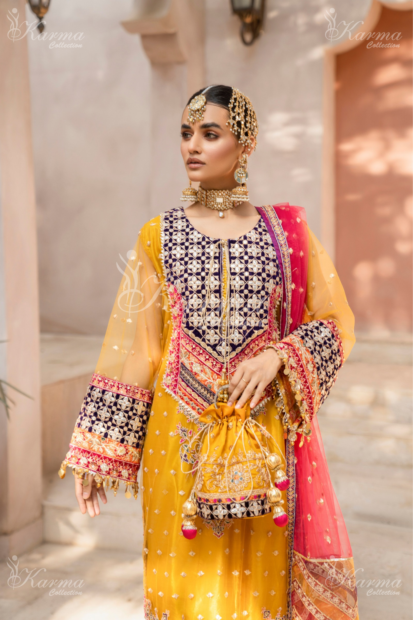 Bee Yellow & Hot Pink | Embroidered Net 3 Pc Suit | Wedding Wear | Karma Collection