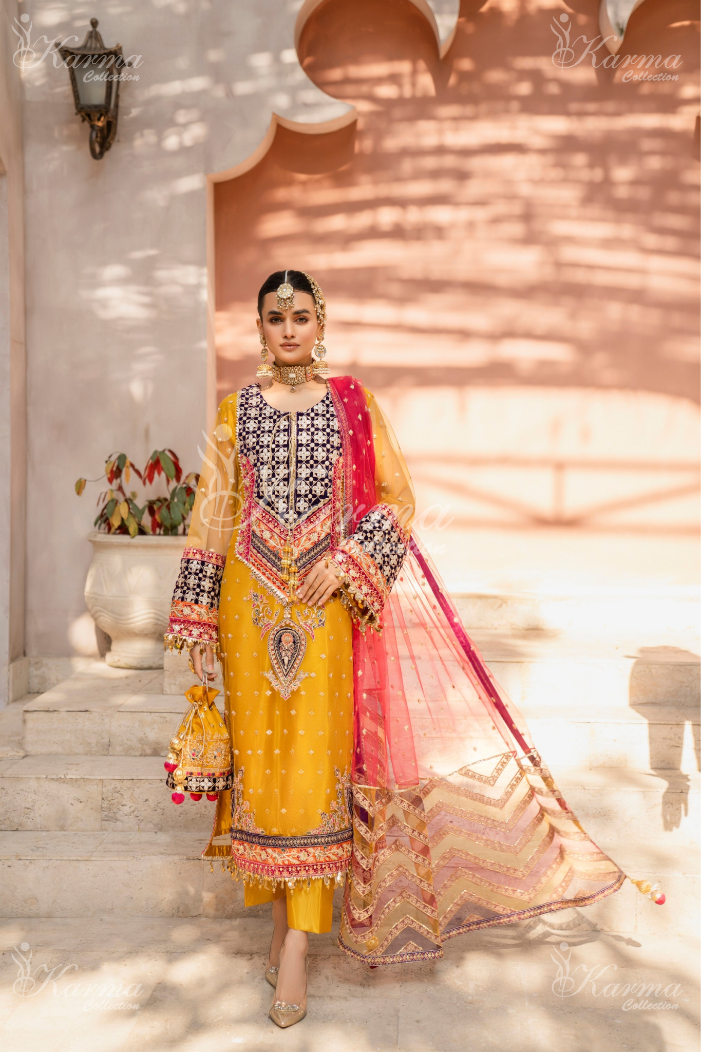 Bee Yellow & Hot Pink | Embroidered Net 3 Pc Suit | Wedding Wear | Karma Collection