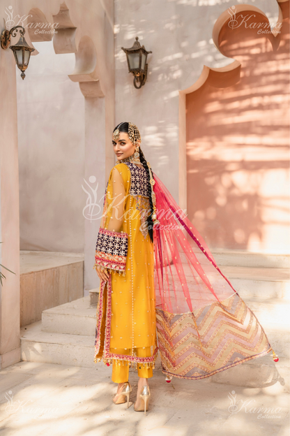 Bee Yellow & Hot Pink | Embroidered Net 3 Pc Suit | Wedding Wear | Karma Collection