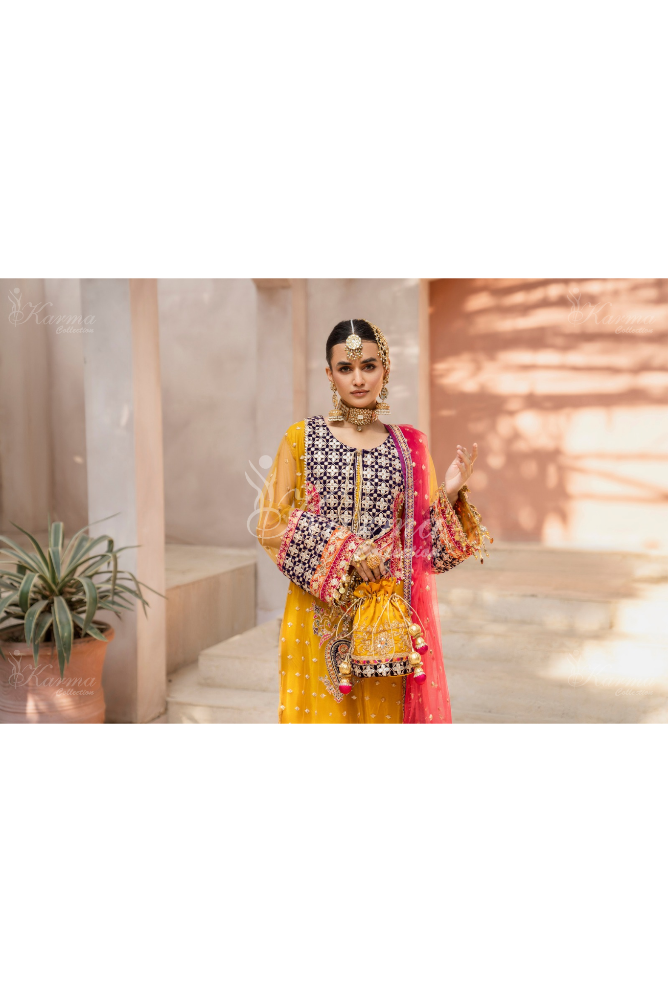 Bee Yellow & Hot Pink | Embroidered Net 3 Pc Suit | Wedding Wear | Karma Collection