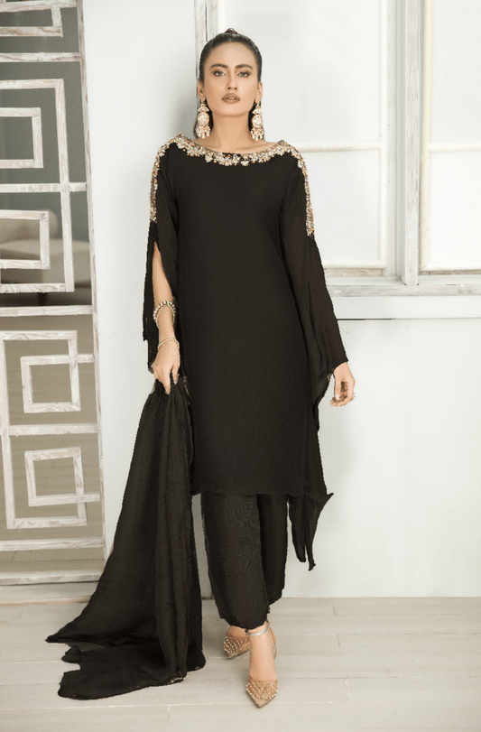 (Black) SIMRANS ‘FUSION GLAM’ | Chiffon 3PC Ready To Wear