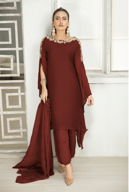 (Maroon) SIMRANS ‘FUSION GLAM’ | Chiffon  3PC Ready To Wear