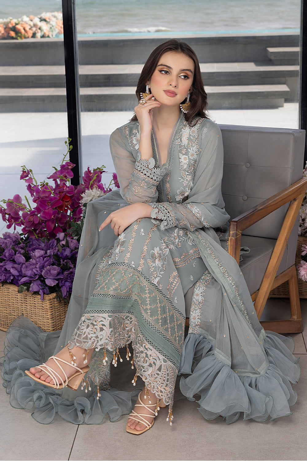 Luxe By Azure Embroidered 3 Piece Suits Floral Fringe