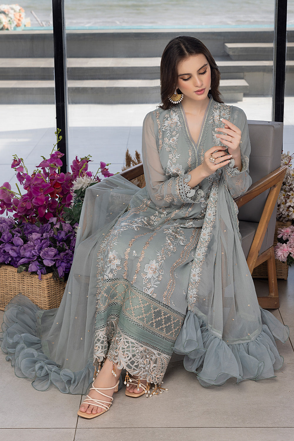 Luxe By Azure Embroidered 3 Piece Suits Floral Fringe