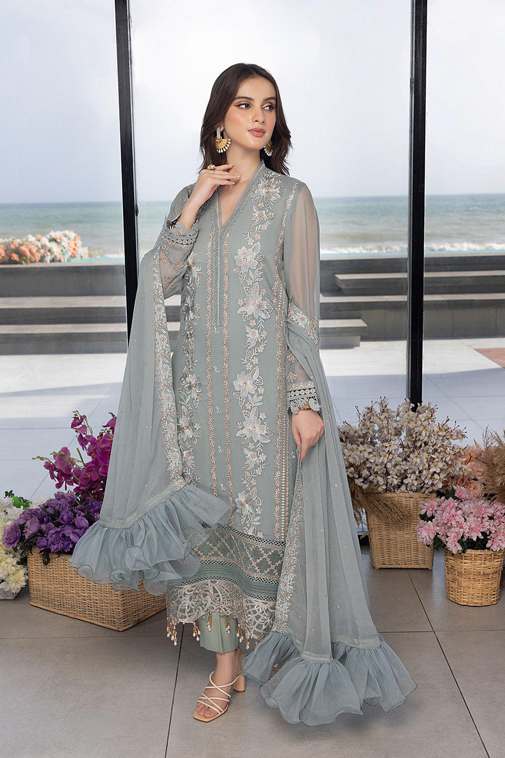 Luxe By Azure Embroidered 3 Piece Suits Floral Fringe