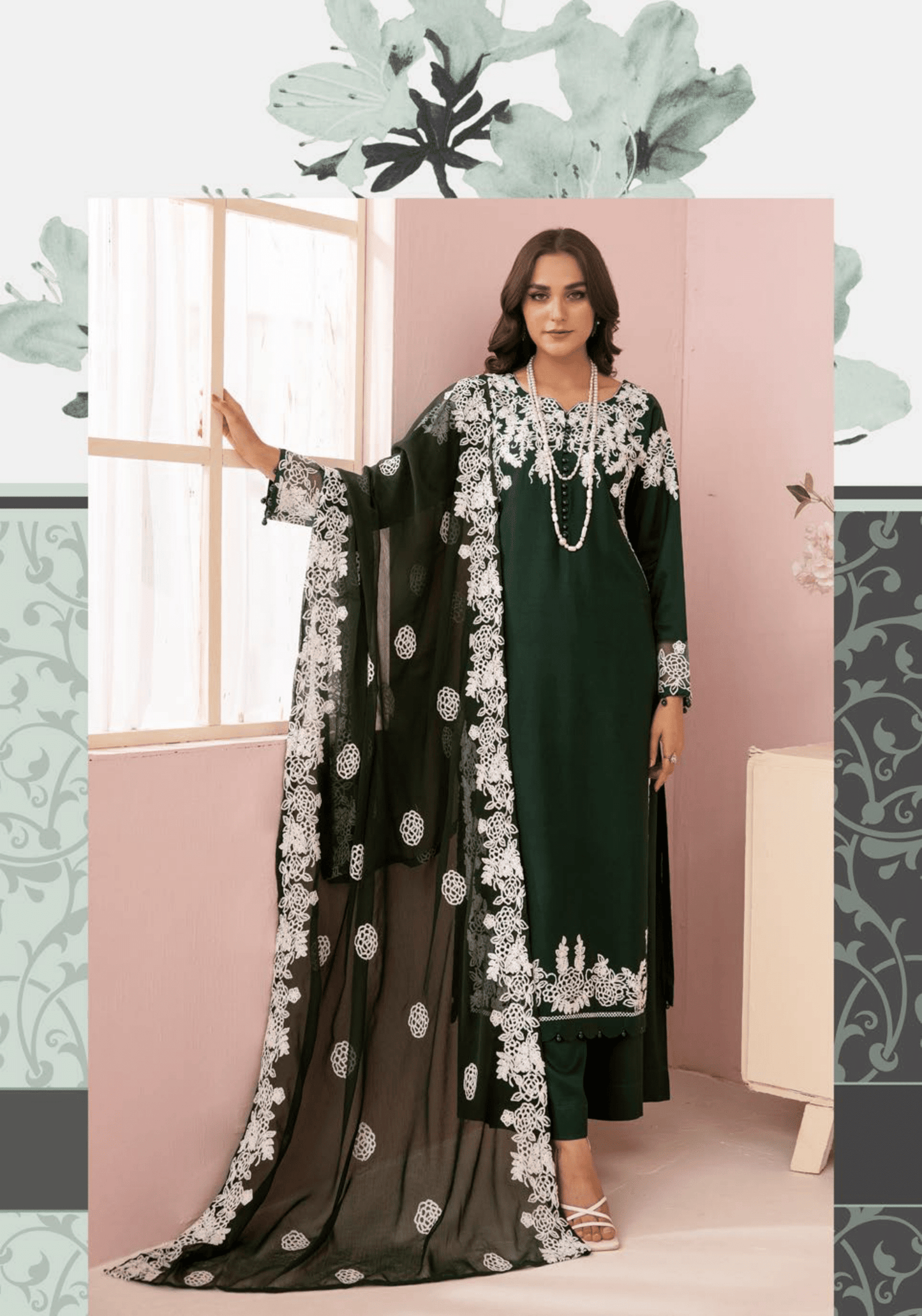 (Green) Embroidered Soft Linen 3 Pc "Glam" Dress by Simrans