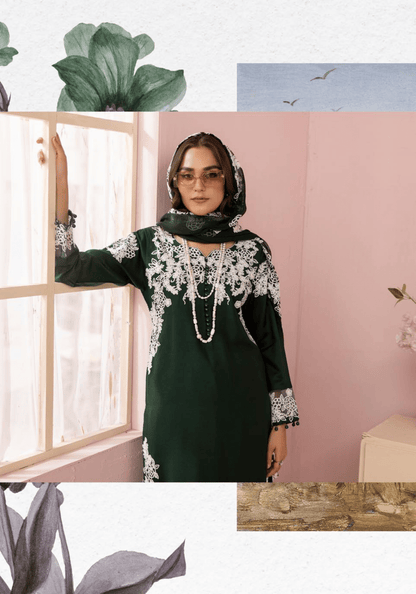 (Green) Embroidered Soft Linen 3 Pc "Glam" Dress by Simrans