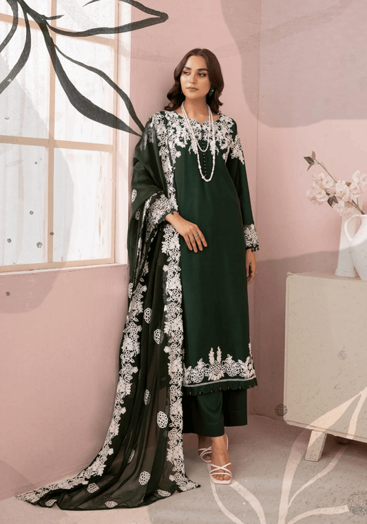 (Green) Embroidered Soft Linen 3 Pc "Glam" Dress by Simrans