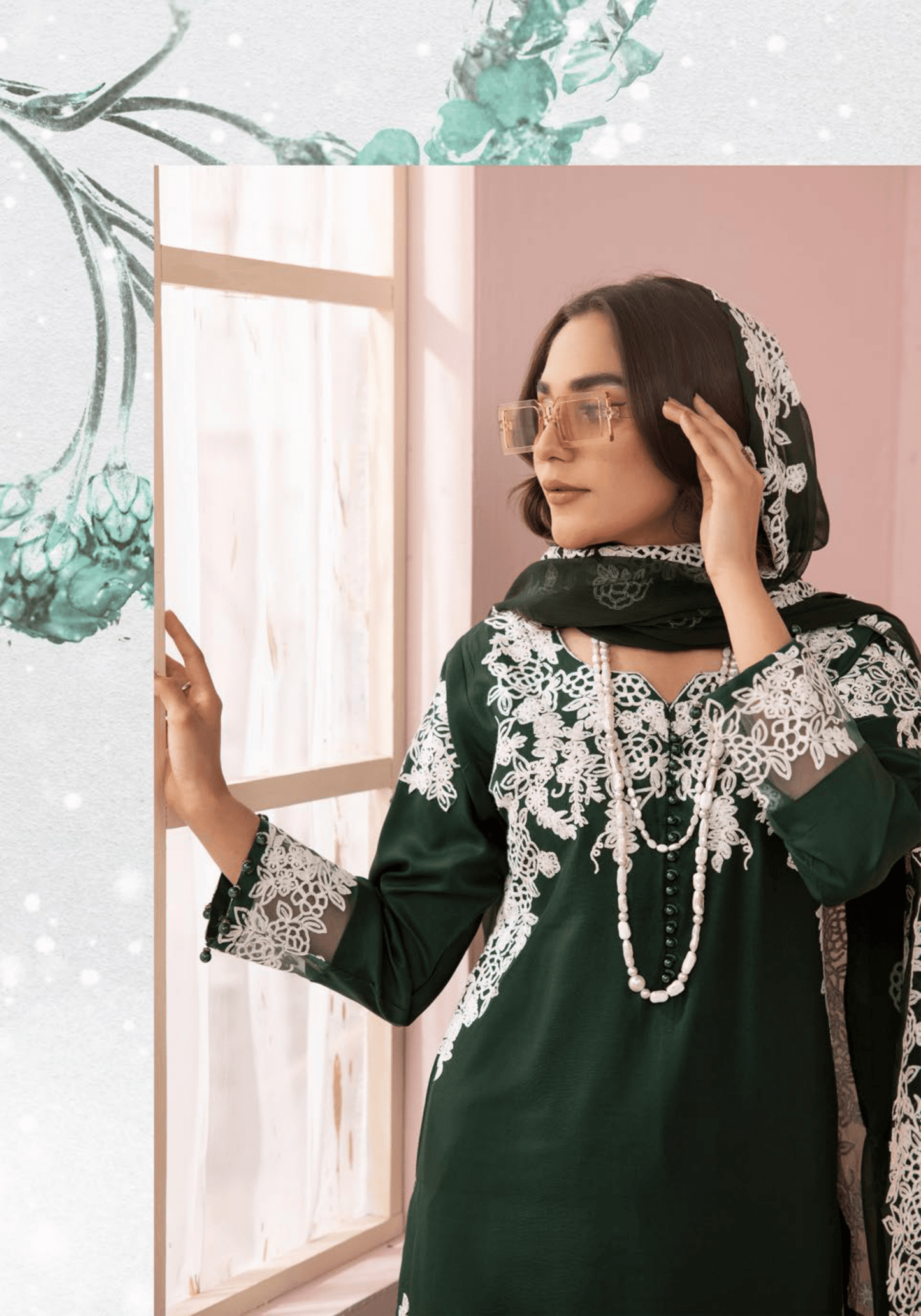 (Green) Embroidered Soft Linen 3 Pc "Glam" Dress by Simrans