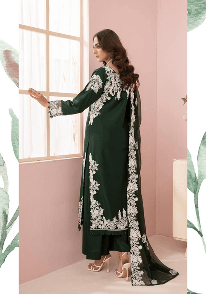 (Green) Embroidered Soft Linen 3 Pc "Glam" Dress by Simrans