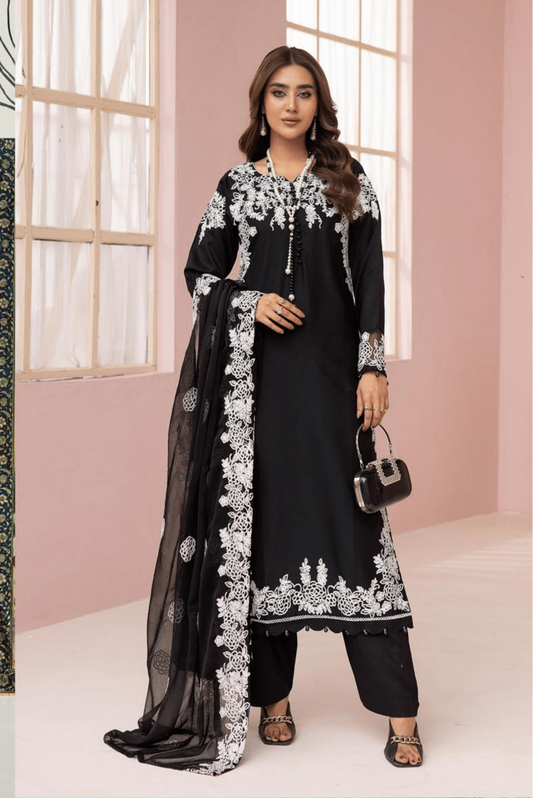 (Black) Embroidered Soft Linen 3 Pc "Glam" Dress by Simrans