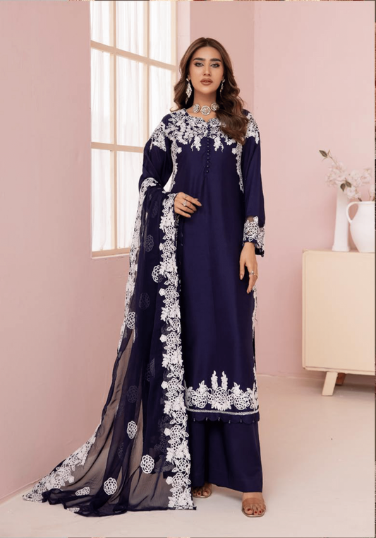 (Navy Blue) Embroidered Soft Linen 3 Pc "Glam" Dress by Simrans