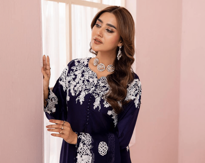 (Navy Blue) Embroidered Soft Linen 3 Pc "Glam" Dress by Simrans