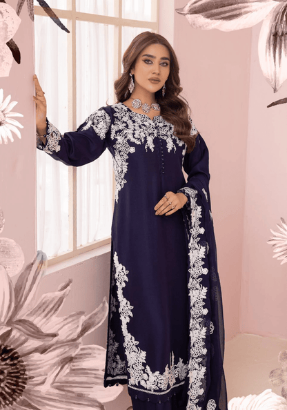 (Navy Blue) Embroidered Soft Linen 3 Pc "Glam" Dress by Simrans