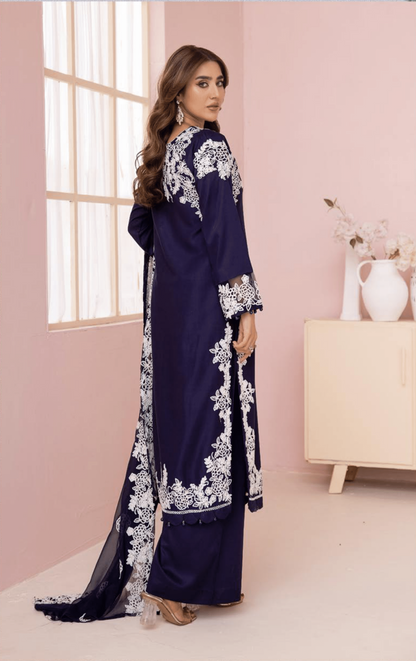 (Navy Blue) Embroidered Soft Linen 3 Pc "Glam" Dress by Simrans