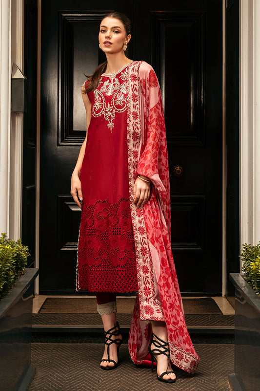 (Red) 3 Pc Luxury Embroidered Lawn Collection- Mushq