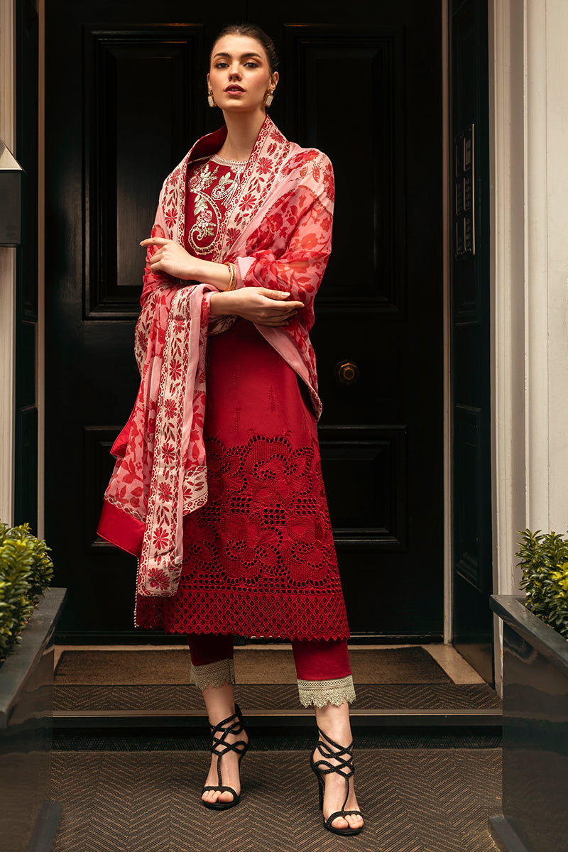 (Red) 3 Pc Luxury Embroidered Lawn Collection- Mushq