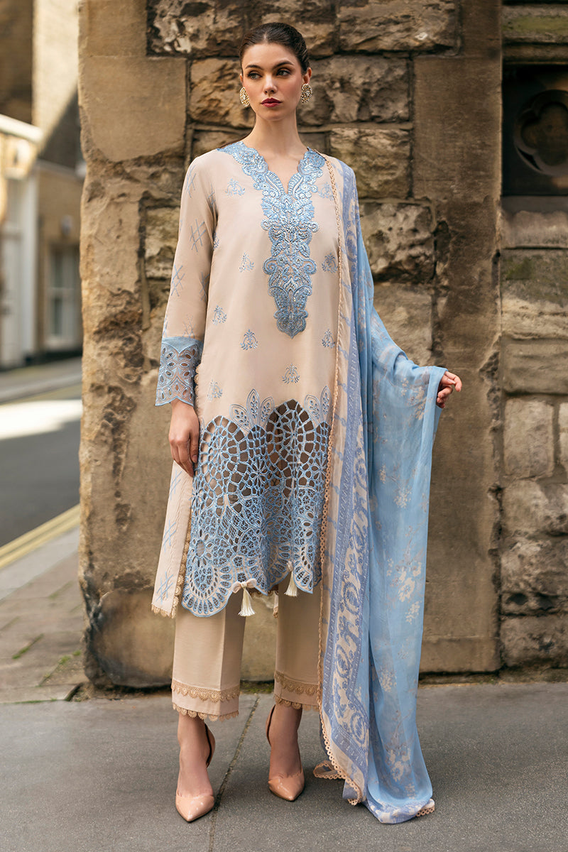 (Skin & Sky Blue) 3 Pc Luxury Embroidered Lawn Collection- Mushq