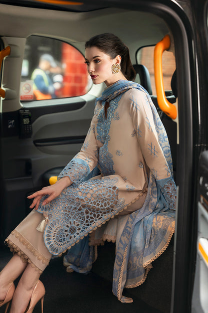 (Skin & Sky Blue) 3 Pc Luxury Embroidered Lawn Collection- Mushq