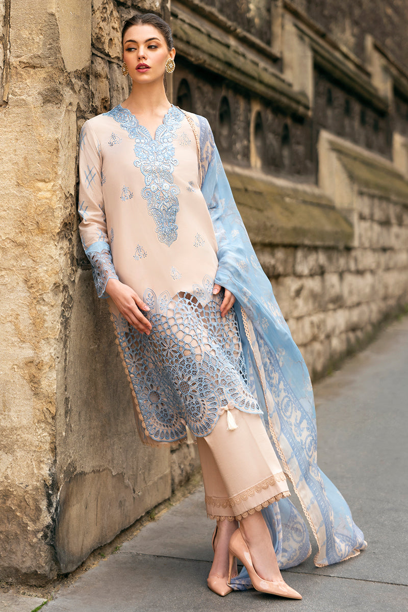 (Skin & Sky Blue) 3 Pc Luxury Embroidered Lawn Collection- Mushq