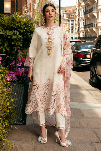 (Cream) 3 Pc Embroidered Luxury Lawn Collection- Mushq