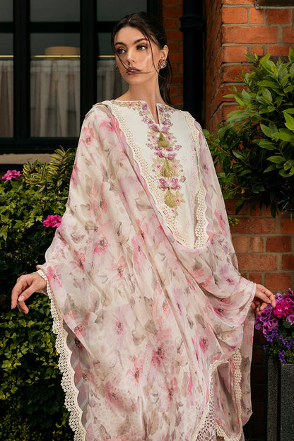 (Cream) 3 Pc Embroidered Luxury Lawn Collection- Mushq