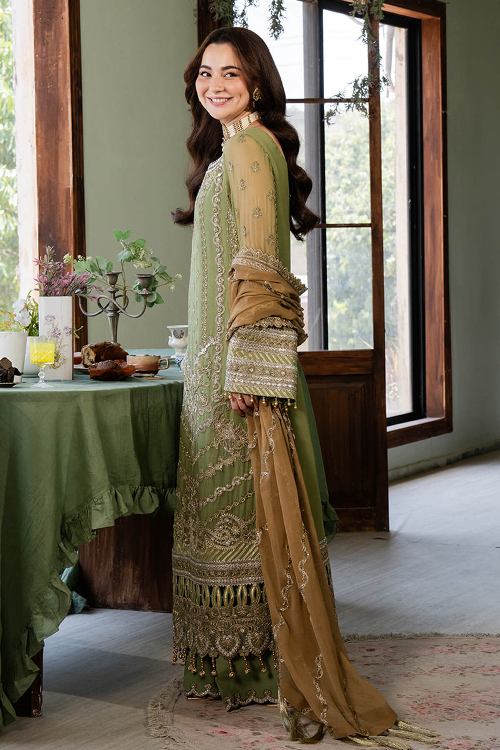 Iguana Green & Brown | Embroidered Chiffon | Luxury Pret | 3 Pc | Ready to Wear | IMROZIA