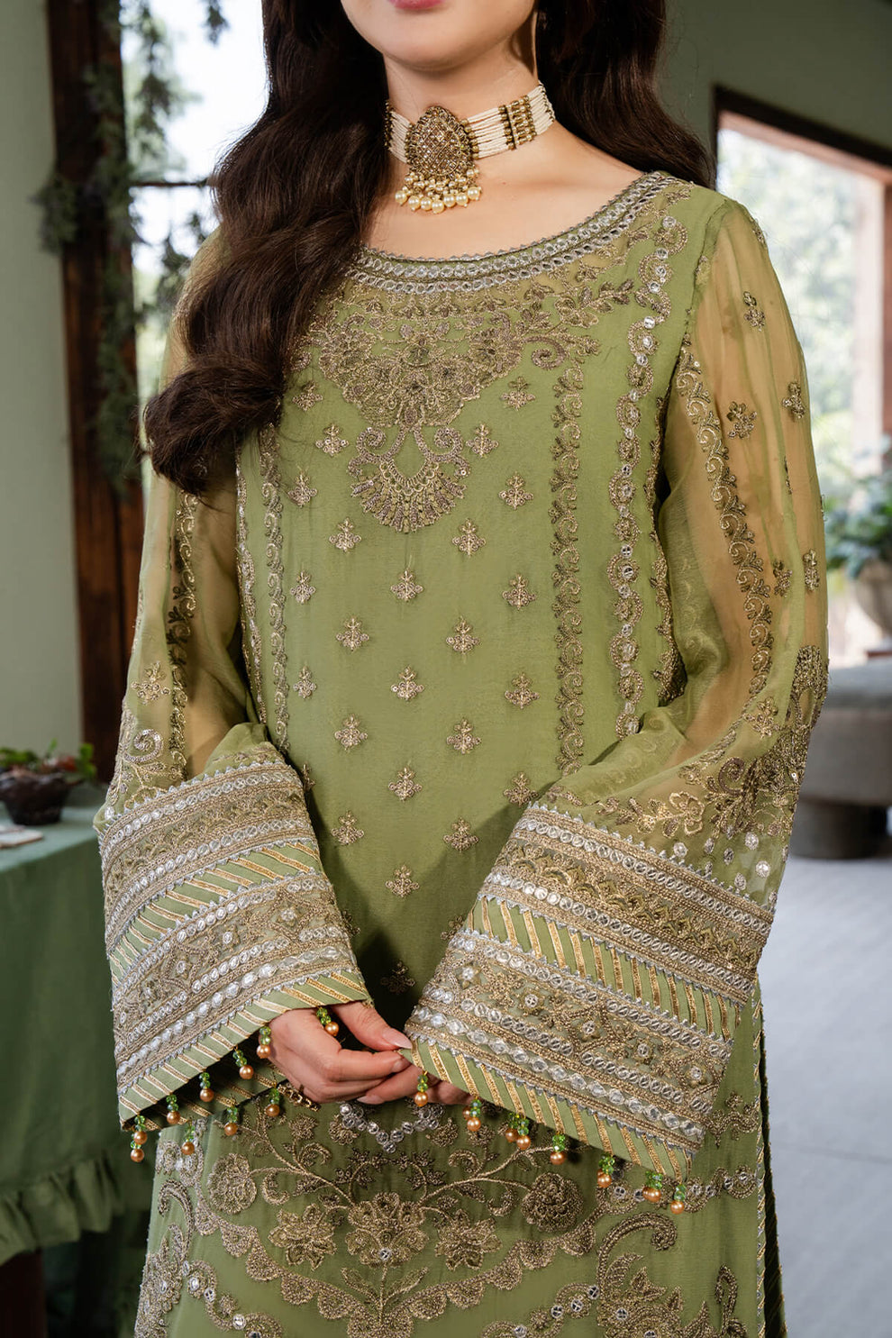 Iguana Green & Brown | Embroidered Chiffon | Luxury Pret | 3 Pc | Ready to Wear | IMROZIA