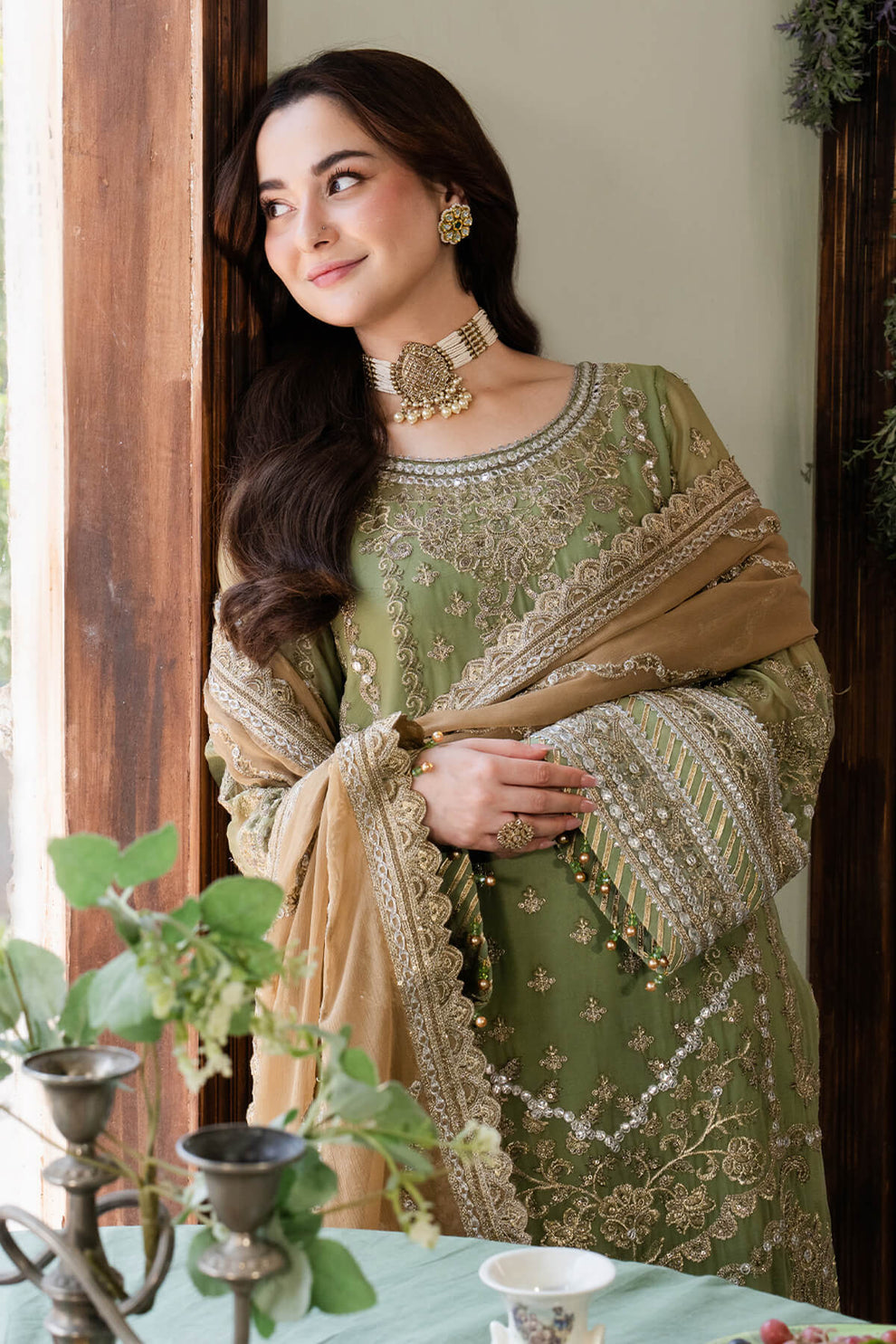 Iguana Green & Brown | Embroidered Chiffon | Luxury Pret | 3 Pc | Ready to Wear | IMROZIA