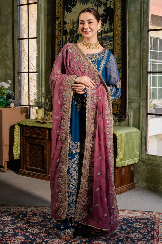 Blue & Dark Mauve | Embroidered Chiffon | Luxury Pret | 3 Pc | Ready to Wear | IMROZIA